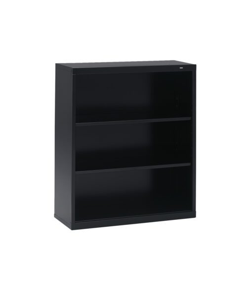 A black metal bookshelf with two adjustable shelves and a flat top, suitable for storing books or decorative items. The design is simple and modern, with a smooth finish. The bookshelf is standing alone against a white background.