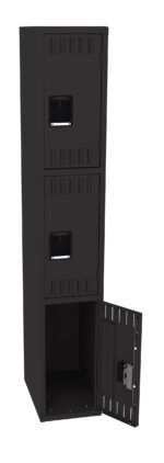 A tall, black metal locker with three compartments. The top two compartments are closed, while the bottom one is open. Each door has a rectangular handle and vent slots for ventilation. The locker stands upright on a white background.