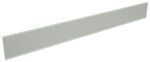 A long, blank strip of perforated paper tape. The tape is light gray and features evenly spaced holes along both edges, used typically for data storage or early computer programming.