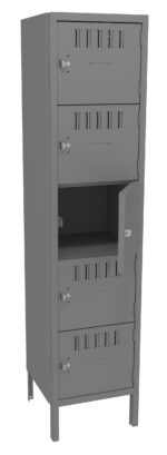 Gray metal locker with five compartments, featuring small vents on each door. One door is slightly ajar, revealing an empty compartment inside. The locker stands on four metal legs.