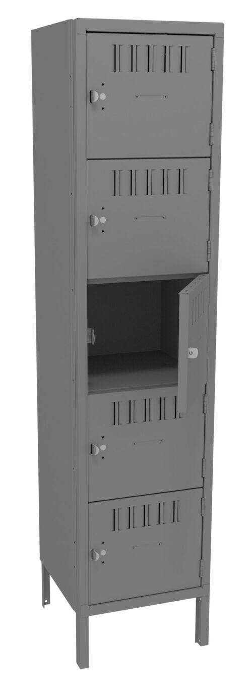 Gray metal locker with five compartments, featuring small vents on each door. One door is slightly ajar, revealing an empty compartment inside. The locker stands on four metal legs.