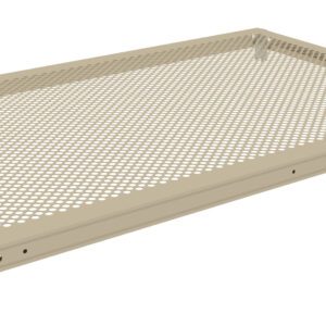 Alt: A beige perforated metal shelf with a rectangular frame and four corner brackets. The shelf has a grid-like pattern of circular holes and is designed for mounting on a wall or within a shelving unit.