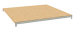 Wooden platform with a beige top and gray metal edges. It appears flat and rectangular, designed to be part of a shelving or storage system. The perspective shows the platform slightly angled from above.