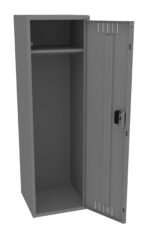 Open, tall gray metal locker with one shelf and a hanging rod inside. The locker has a hinged door with ventilation slots and a locking mechanism.