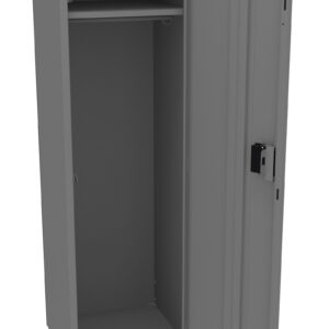 Open, tall gray metal locker with one shelf and a hanging rod inside. The locker has a hinged door with ventilation slots and a locking mechanism.
