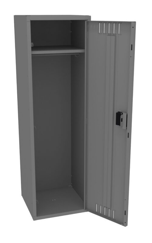 vxlejq9hgw8plctpgdhq.jpg Open, tall gray metal locker with one shelf and a hanging rod inside. The locker has a hinged door with ventilation slots and a locking mechanism.