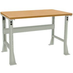 A sturdy workbench with a light wooden top and metal frame. The legs are adjustable, featuring multiple holes for height customization. The design is simple and functional, suited for industrial or workshop environments.