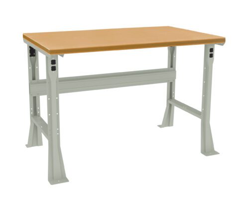 vxq0zxfkbxzybfxwqjuw.jpg A sturdy workbench with a light wooden top and metal frame. The legs are adjustable, featuring multiple holes for height customization. The design is simple and functional, suited for industrial or workshop environments.