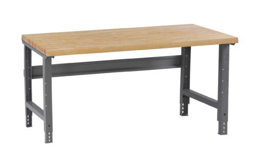 vxwlfgly6rtivlk4o7sg.jpg A sturdy wooden workbench with a thick, rectangular wooden tabletop and gray metal legs. The design is simple and industrial, suitable for workshops or garages.