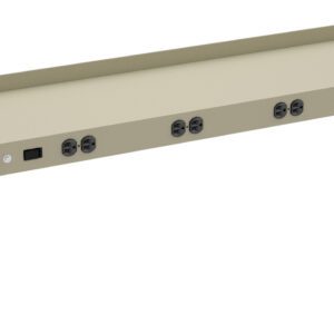 A beige metal electrical power strip mounted in a protective casing. It features multiple black sockets on the front side and a switch on the left. The design is suitable for tabletop or desk installation.