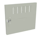 A white metal panel with a small lock mechanism on the left side and vertical ventilation slits on the upper portion. The panel has a simple, rectangular design and is shown against a plain white background.