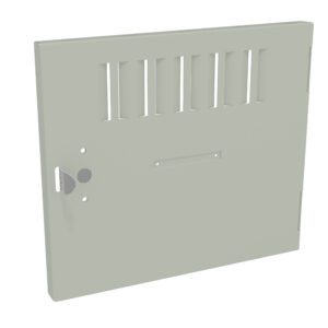 A white metal panel with a small lock mechanism on the left side and vertical ventilation slits on the upper portion. The panel has a simple, rectangular design and is shown against a plain white background.