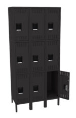 A black metal locker with three columns and three rows of compartments, making a total of nine. One door in the bottom row is open, showing an empty interior. Each door has a handle and ventilation slots.