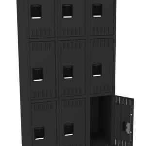 A black metal locker with three columns and three rows of compartments, making a total of nine. One door in the bottom row is open, showing an empty interior. Each door has a handle and ventilation slots.