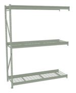 A metal shelving unit with three wire shelves is shown. The frame is made of vertical and horizontal bars with slots for adjustable shelving. The design is industrial and utilitarian, suitable for storage or warehouse use. The background is plain white.