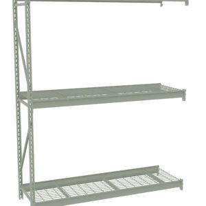 A metal shelving unit with three wire shelves is shown. The frame is made of vertical and horizontal bars with slots for adjustable shelving. The design is industrial and utilitarian, suitable for storage or warehouse use. The background is plain white.