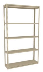A beige metal shelving unit with five evenly spaced shelves. The shelves are supported by a frame with perforated edges, providing adjustable height options. The structure is empty and stands against a plain white background.