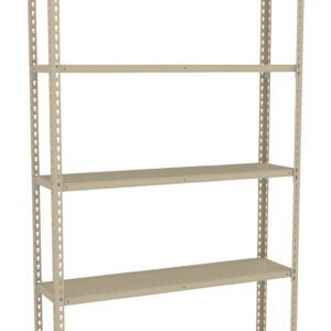 A beige metal shelving unit with five evenly spaced shelves. The shelves are supported by a frame with perforated edges, providing adjustable height options. The structure is empty and stands against a plain white background.