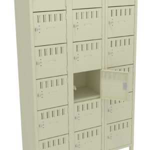 A beige locker unit with three columns and four rows of cubbyholes. One of the lockers is open, revealing an empty compartment inside. Each locker has a ventilation pattern and a small locking mechanism.