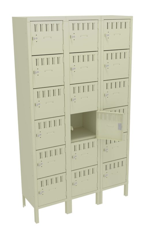 vzt0rw2der7l2smg45bg.jpg A beige locker unit with three columns and four rows of cubbyholes. One of the lockers is open, revealing an empty compartment inside. Each locker has a ventilation pattern and a small locking mechanism.