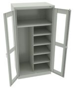 A gray metal storage cabinet with double glass doors. Inside, it has multiple adjustable shelves on the right and two larger compartments on the left. The cabinet is open, showcasing its spacious interior for organization.