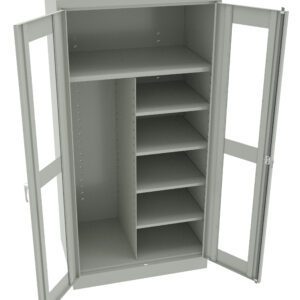 A gray metal storage cabinet with double glass doors. Inside, it has multiple adjustable shelves on the right and two larger compartments on the left. The cabinet is open, showcasing its spacious interior for organization.