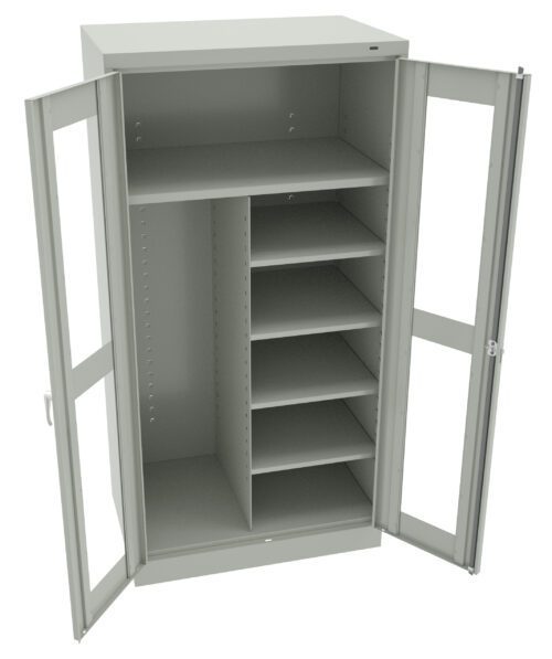 vztqstvrj8tr83jxkdve.jpg A gray metal storage cabinet with double glass doors. Inside, it has multiple adjustable shelves on the right and two larger compartments on the left. The cabinet is open, showcasing its spacious interior for organization.