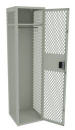 A tall, grey metal locker with a perforated door pattern stands open. It has a single interior shelf and a lock mechanism on the door. The locker is empty and stands against a plain white background.