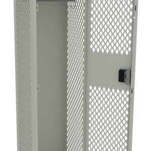 A tall, grey metal locker with a perforated door pattern stands open. It has a single interior shelf and a lock mechanism on the door. The locker is empty and stands against a plain white background.