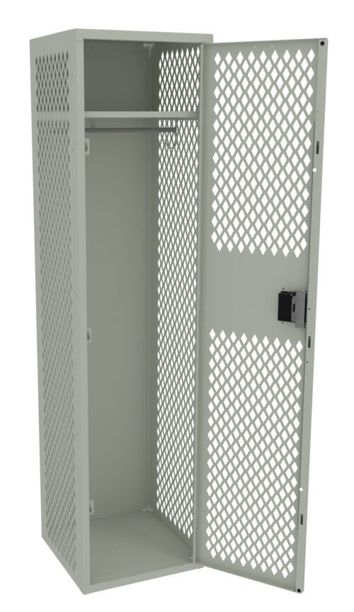 A tall, grey metal locker with a perforated door pattern stands open. It has a single interior shelf and a lock mechanism on the door. The locker is empty and stands against a plain white background.