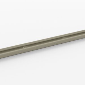 A long, slender, light gray metal rail with a slightly raised edge and evenly spaced holes along its length, positioned diagonally from bottom left to top right on a plain white background.