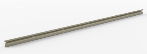 A long, slender, light gray metal rail with a slightly raised edge and evenly spaced holes along its length, positioned diagonally from bottom left to top right on a plain white background.