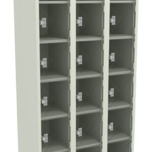 A three-column metal locker unit, each column containing five compartments. The compartments have clear doors with small silver handles. The locker is light gray in color.