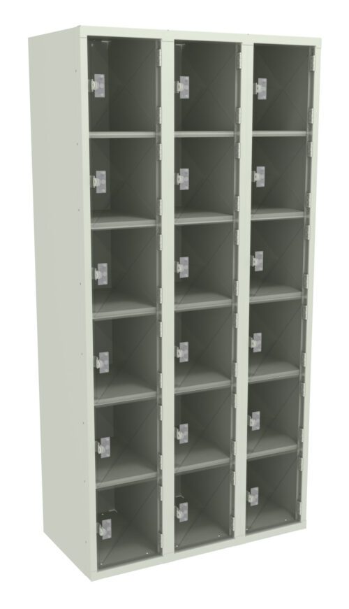 A three-column metal locker unit, each column containing five compartments. The compartments have clear doors with small silver handles. The locker is light gray in color.