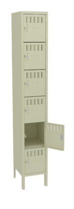 A beige metal locker with six compartments, one of which is open, revealing an empty interior. The locker features small vents on each compartment door and stands on four legs.