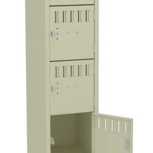 A beige metal locker with six compartments, one of which is open, revealing an empty interior. The locker features small vents on each compartment door and stands on four legs.
