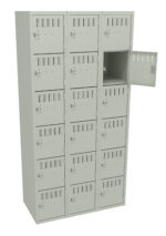 A beige metal locker unit with three columns and six rows. Each compartment has a vented door and a latch for locking. One of the top compartments on the right is open, showing empty interior space.