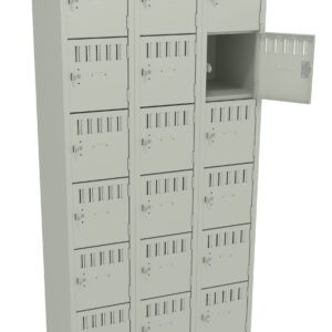 A beige metal locker unit with three columns and six rows. Each compartment has a vented door and a latch for locking. One of the top compartments on the right is open, showing empty interior space.