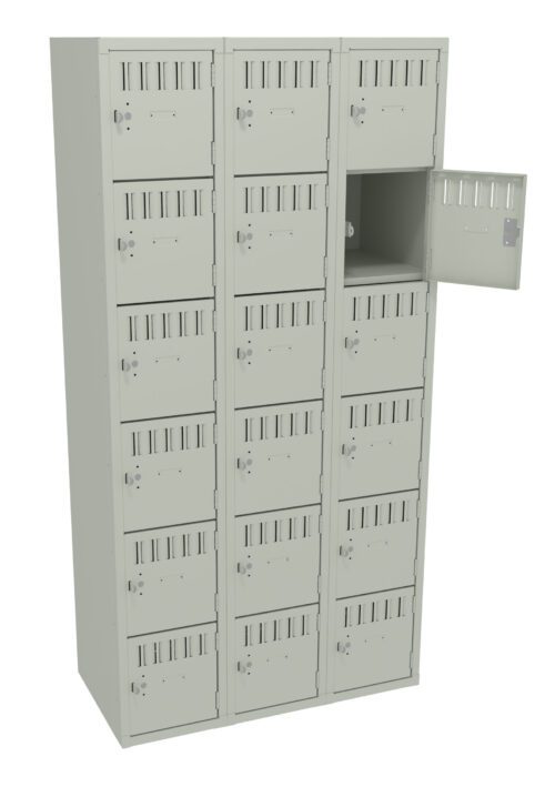 w0zqlupclubpfkk4r694.jpg A beige metal locker unit with three columns and six rows. Each compartment has a vented door and a latch for locking. One of the top compartments on the right is open, showing empty interior space.