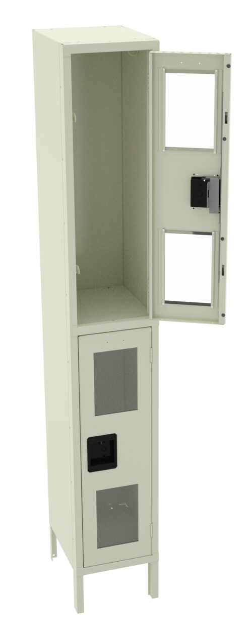 w1ccdermvufpvjemc1bj.jpg A beige, metal locker with an open top door and a closed bottom door. The top section has a transparent panel and a black latch, while the bottom door features two mesh windows and a black handle.