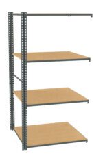 A metal-framed shelving unit with four beige wooden shelves. The shelves are evenly spaced, and the unit is open on all sides, providing easy access.
