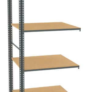 A metal-framed shelving unit with four beige wooden shelves. The shelves are evenly spaced, and the unit is open on all sides, providing easy access.