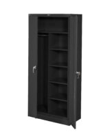 A tall, black metal storage cabinet with two doors open. The interior features a vertical divider, with five shelves on the right and an empty space on the left. The cabinet has locking handles on each door.