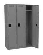A set of gray metal lockers, with three doors. The left and middle doors are closed, while the right door is open, revealing an empty interior with a hanging rod inside. Each locker has a black handle.