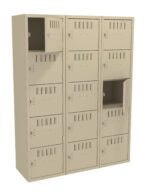 A beige metal locker unit with three columns and four rows of compartments, some of which are open. Each locker has a ventilation slot pattern and a silver lock.
