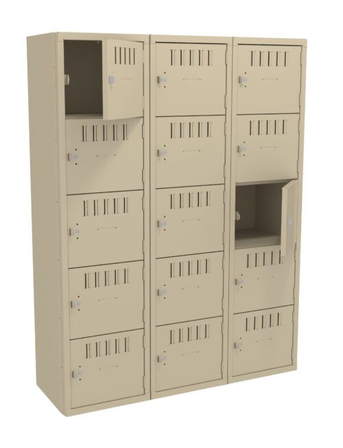 A beige metal locker unit with three columns and four rows of compartments, some of which are open. Each locker has a ventilation slot pattern and a silver lock.