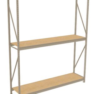 A metal storage rack with two wooden shelves. The frame is composed of vertical metal beams with diagonal cross braces for support. The shelves are evenly spaced, providing open storage space. The rack stands on a white background.