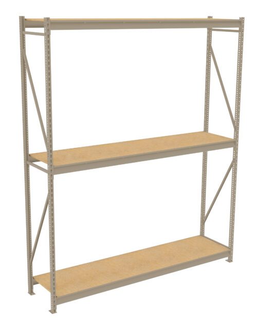 w2wmt5g1gqvfkm3ukqwt.jpg A metal storage rack with two wooden shelves. The frame is composed of vertical metal beams with diagonal cross braces for support. The shelves are evenly spaced, providing open storage space. The rack stands on a white background.