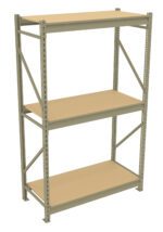 A beige, three-tier metal shelving unit with light brown shelves. The structure features vertical supports and horizontal braces, designed for storage purposes. The shelves are evenly spaced and the unit is freestanding.