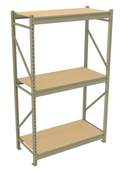 A beige, three-tier metal shelving unit with light brown shelves. The structure features vertical supports and horizontal braces, designed for storage purposes. The shelves are evenly spaced and the unit is freestanding.